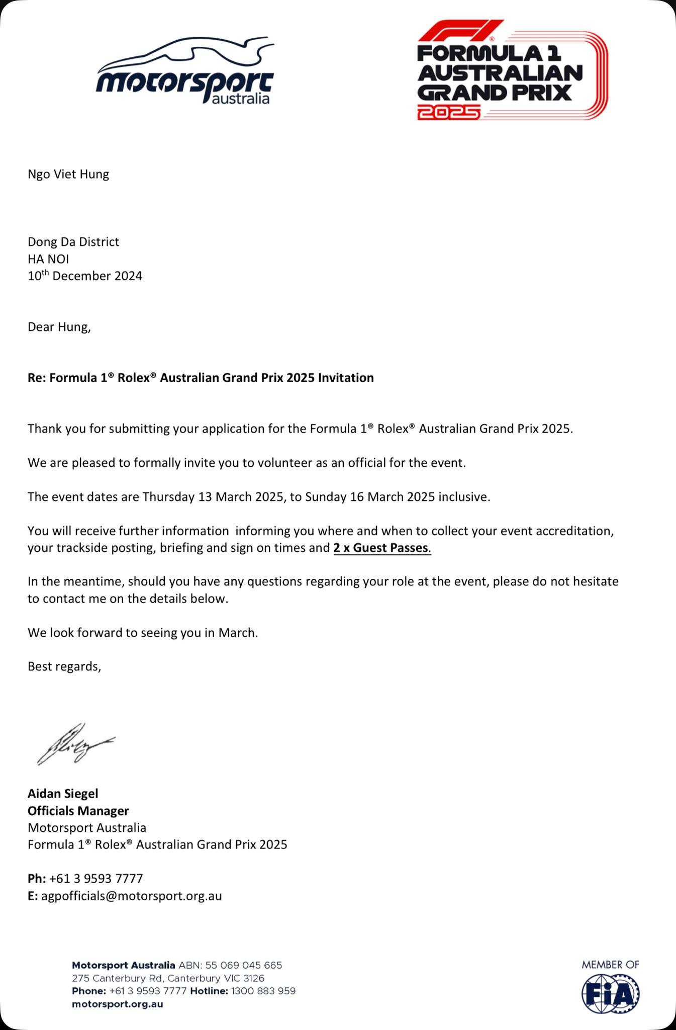 Thành viên Hiệp hội Ô tô Thể Thao Việt Nam tham gia điều hành Giải đua F1 tại Australia Thành viên Hiệp hội Ô tô Thể Thao Việt Nam tham gia điều hành Giải đua F1 tại Australia