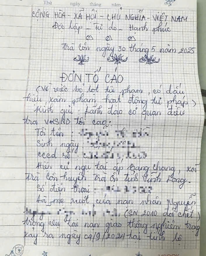 Vụ tai nạn giao thông ở Vĩnh Long: Người mẹ gửi đơn tố cáo Vụ tai nạn giao thông ở Vĩnh Long