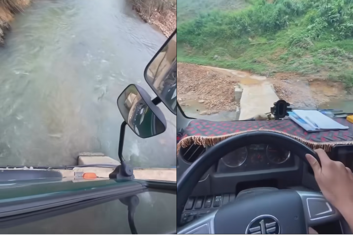 Tài xế đánh cược tính mạng khi liều lĩnh điều khiển xe tải vượt cầu nhỏ bắc qua suối