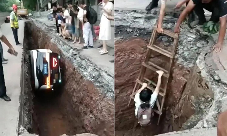 Xe taxi không người lái rơi xuống hố khi đang chở khách Xe taxi không người lái rơi xuống hố