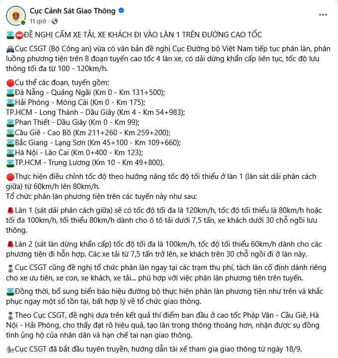 Cục CSGT đề nghị thêm nhiều cao tốc cấm xe tải, xe khách đi làn sát dải phân cách, đồng thời tăng tốc độ tối thiểu