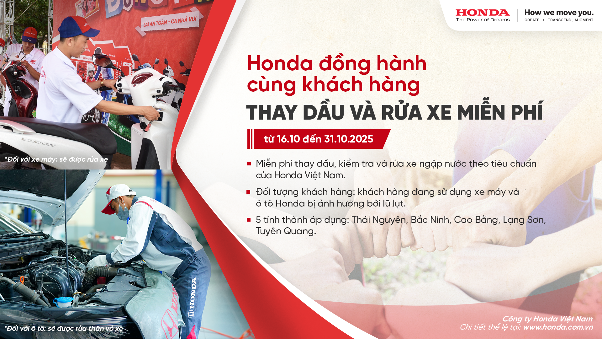 Honda Việt Nam hỗ trợ thay dầu miễn phí cho khách hàng 5 tỉnh bị ảnh hưởng bởi bão Matmo