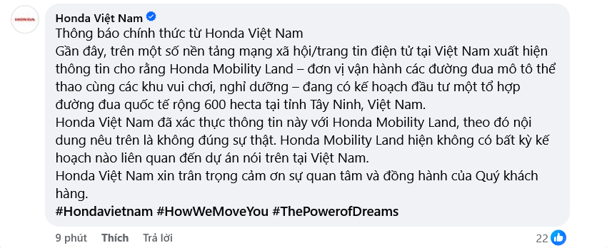 Honda phủ nhận kế hoạch xây Trường đua Quốc tế tại Tây Ninh