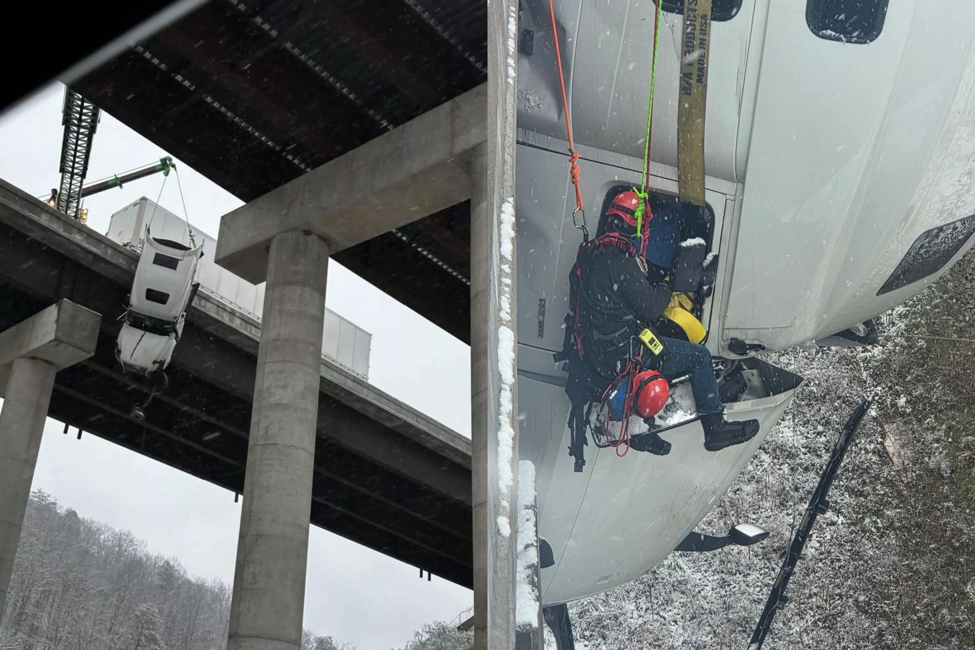 Hình ảnh chiếc xe tải gặp tai nạn khiến cabin nằm treo leo cách mặt đất khoảng 30 mét và được giải cứu sau đó vài giờ tại West Virginia, Mỹ