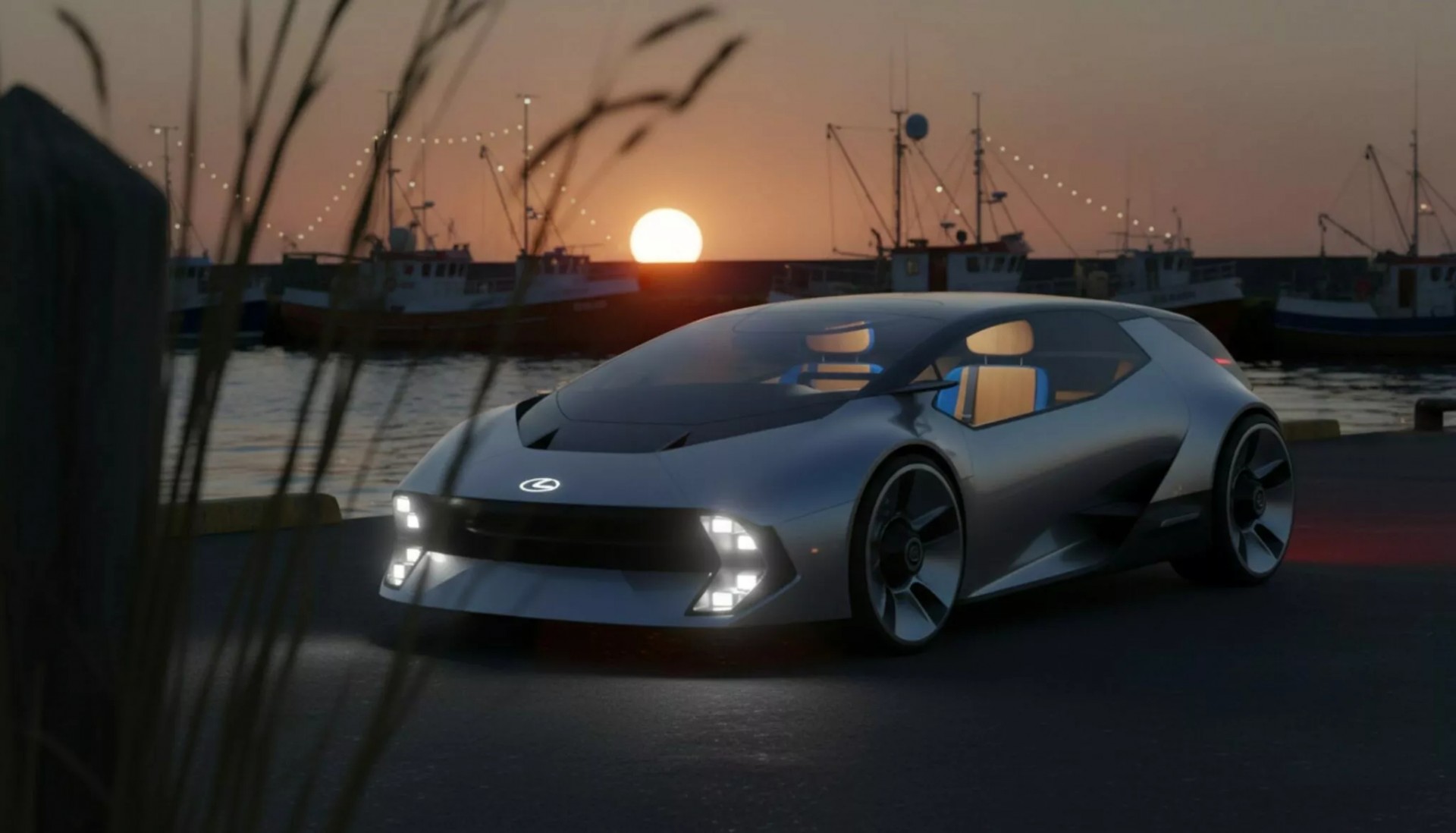 Hình ảnh mẫu concept Lexus bật đèn sáng khi mặt trời lặn được tạo bằng AI