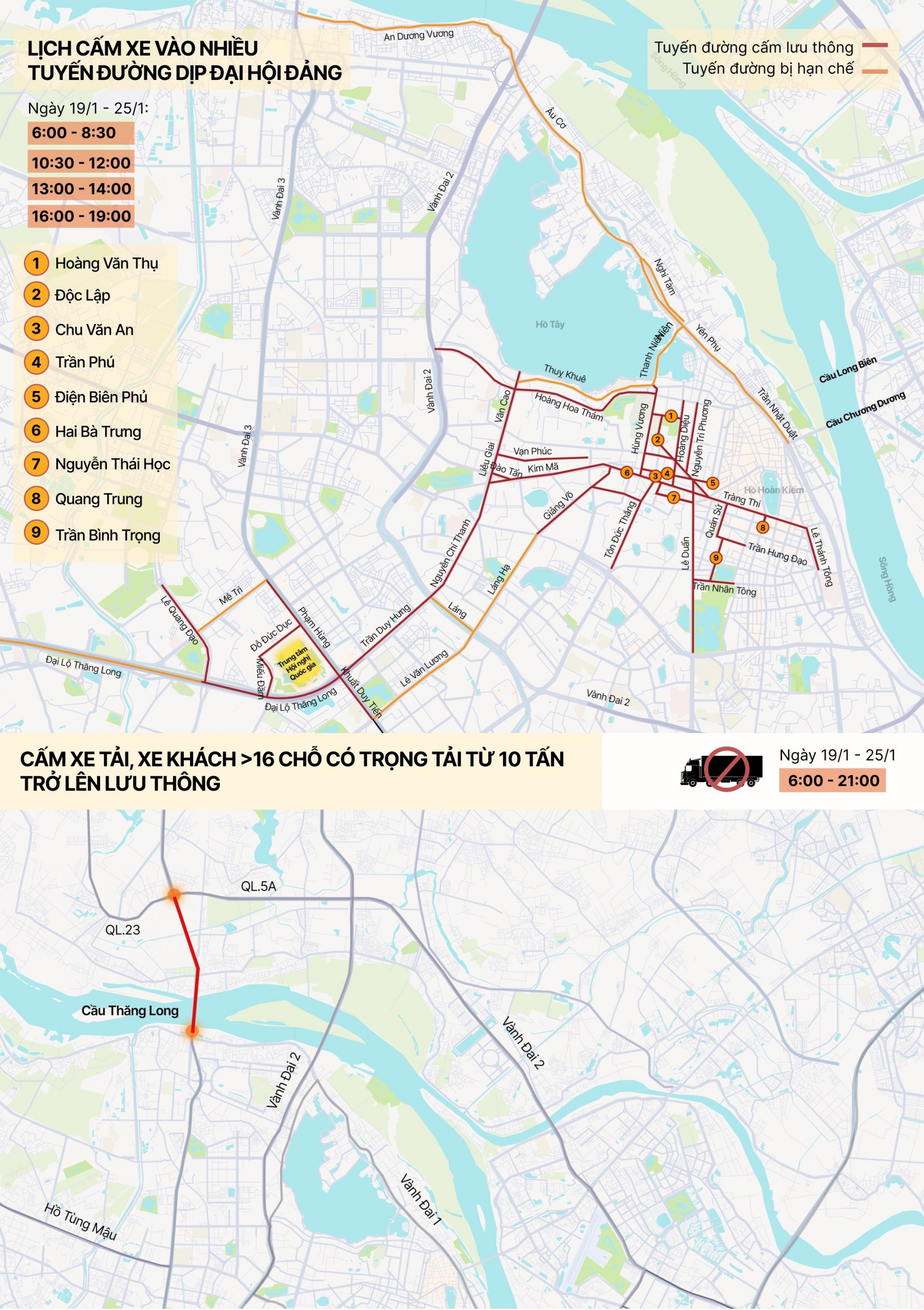 Các cung đường cấm xe tại Hà Nội phục vụ Đại hội Đảng lần thứ XVI