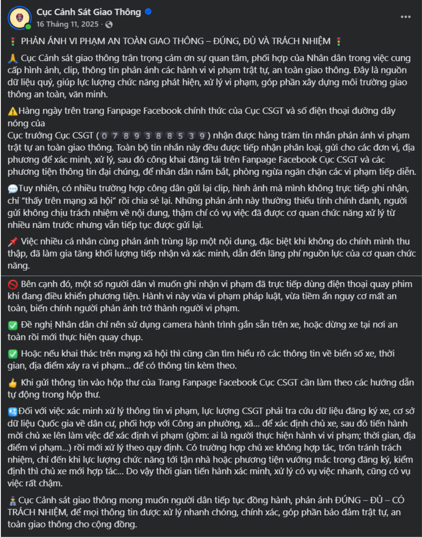 Cục Cảnh Sát Giao Thông: Kiên trì xử lý vi phạm giao thông để thiết lập kỷ cương