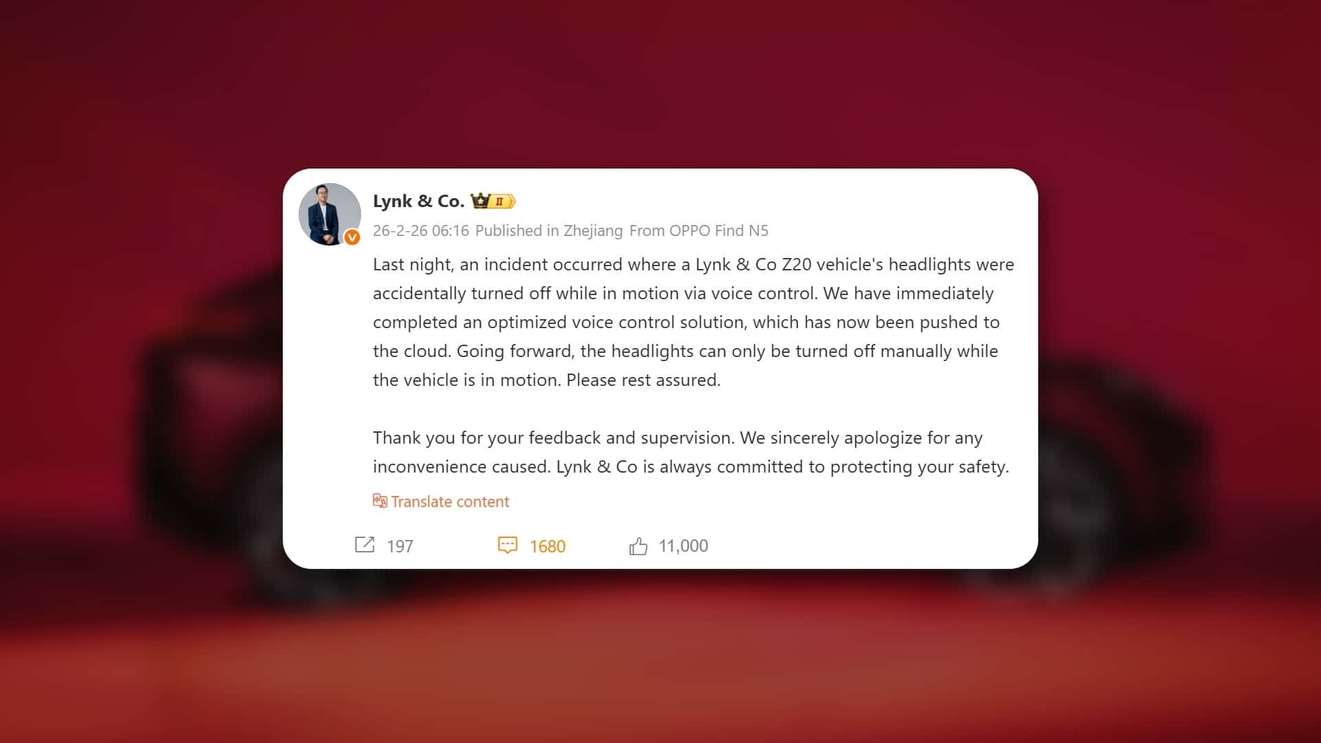 Phản hồi của đại diện Lynk & Co sau khi vụ việc lan truyền trên mạng xã hội Trung Quốc