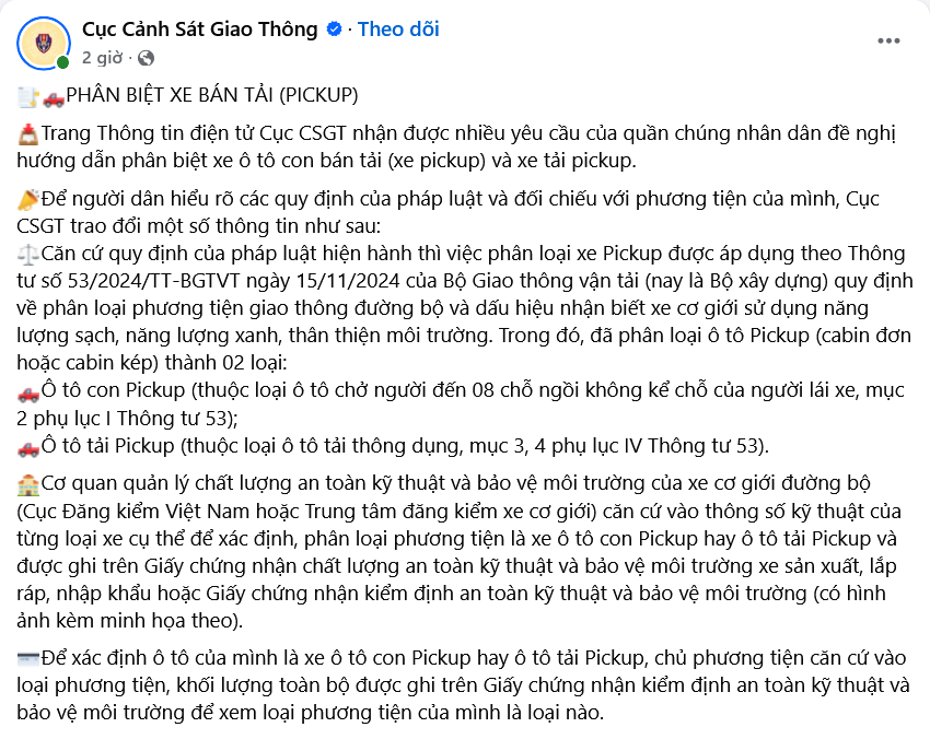 Thông tin đăng tải từ Cục CSGT gần đây đã gây thu hút đối với vấn đề phân biệt và hạn chế lưu thông xe bán tải pickup
