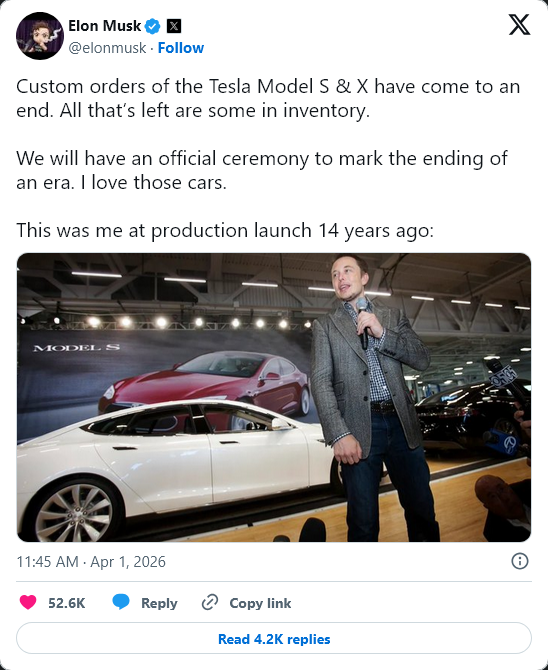 Hai mẫu xe điện cao cấp Tesla Model S và Model X chính thức bị ngừng sản xuất CEO Elon Musk chia sẻ thông báo trên mạng xã hội X