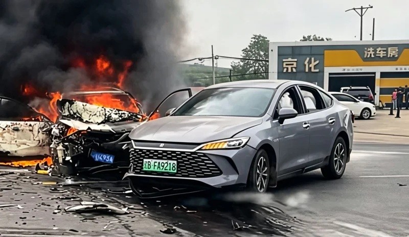 Hình ảnh hiện trường vụ va chạm giữa một chiếc BYD Qin L DM-i và Mazda 3 Axela tại thành phố Đại Liên, Trung Quốc