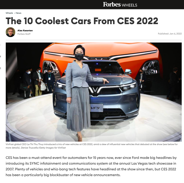 Tạp chí Forbes điền tên VinFast trong top 10 xe tuyệt nhất tại CES 2022