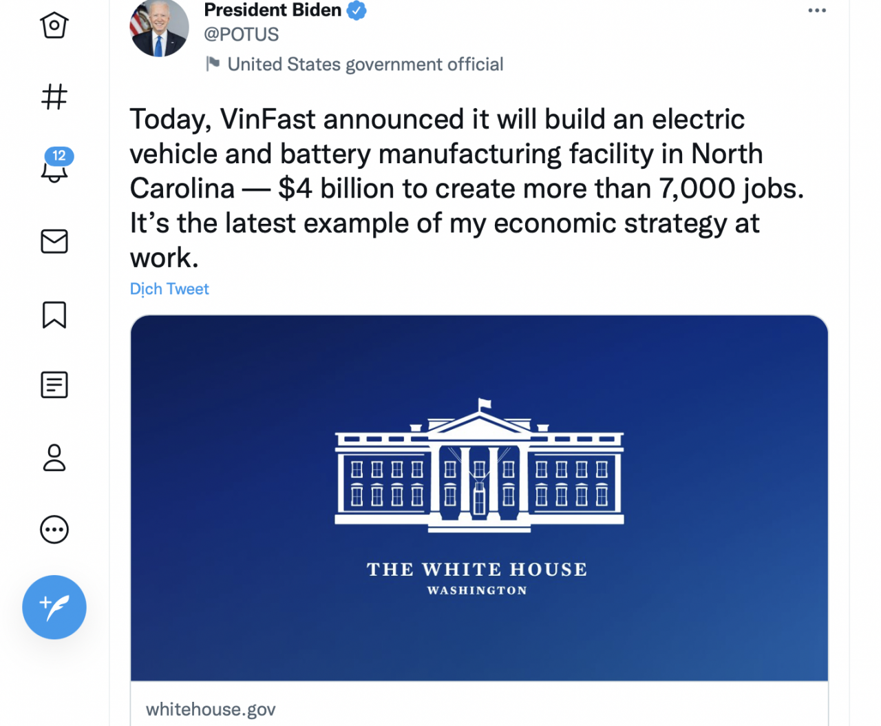Tổng thống Biden đánh giá cao dự án xây nhà máy VinFast tại Mỹ