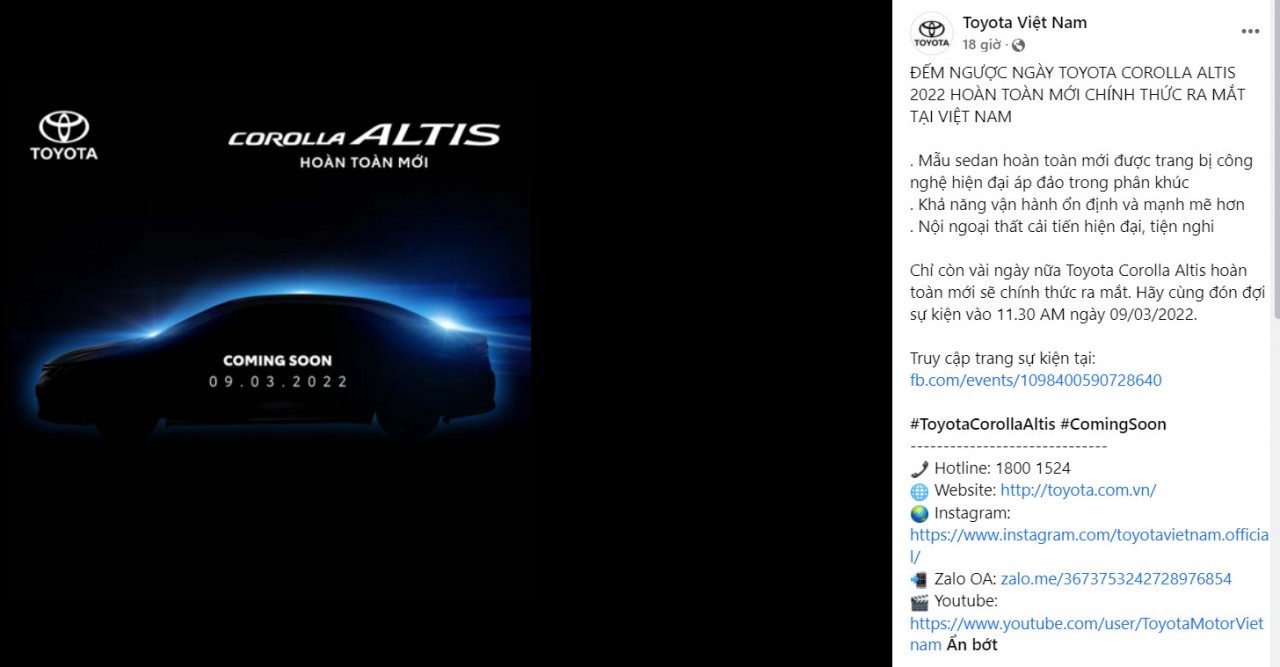 Toyota Corolla Altis 2022 sẽ ra mắt online vào ngày 9/3 tới