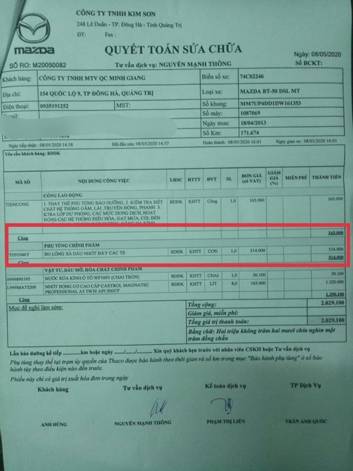 dai ly bao gia oc xa nhot mazda bt 50 gia 500 nghin