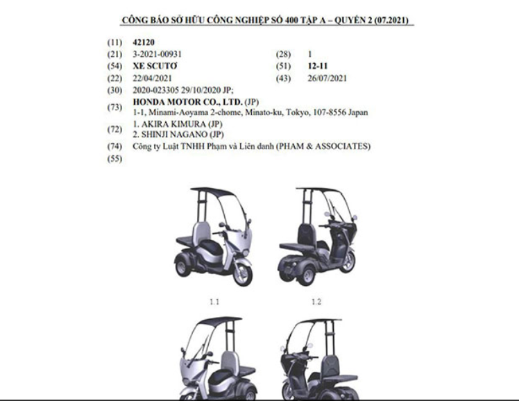 Honda đăng ký bảo hộ mẫu xe máy điện 3 bánh tại Việt Nam