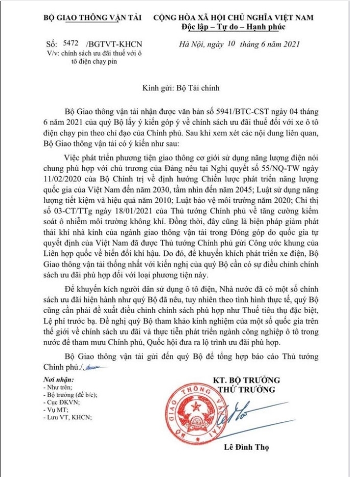 Bộ giao thông nói gì về đề xuất ưu đãi thuế cho ô tô chạy pin?