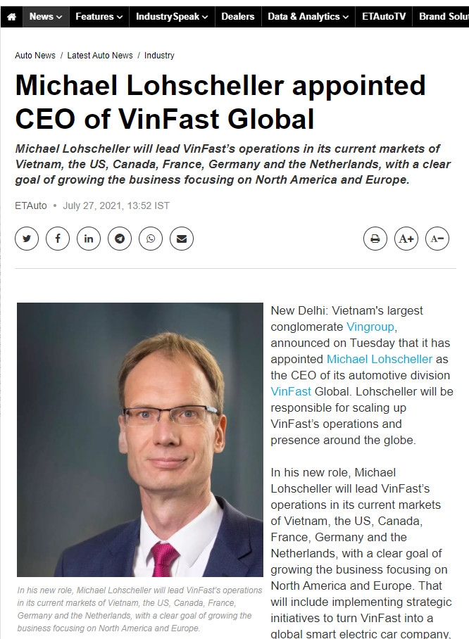 Báo chí quốc tế đưa tin về tân Tổng giám đốc VinFast toàn cầu