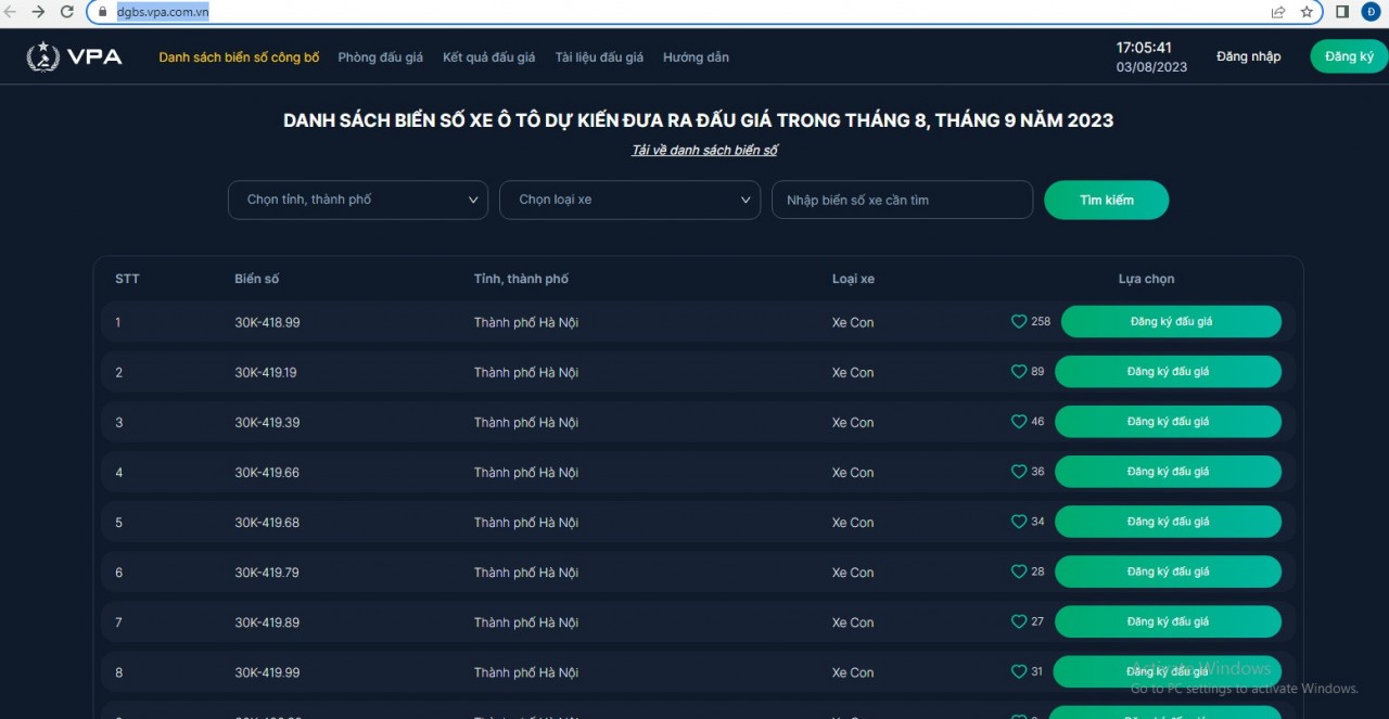 Hướng dẫn đấu giá biển số xe trực tuyến