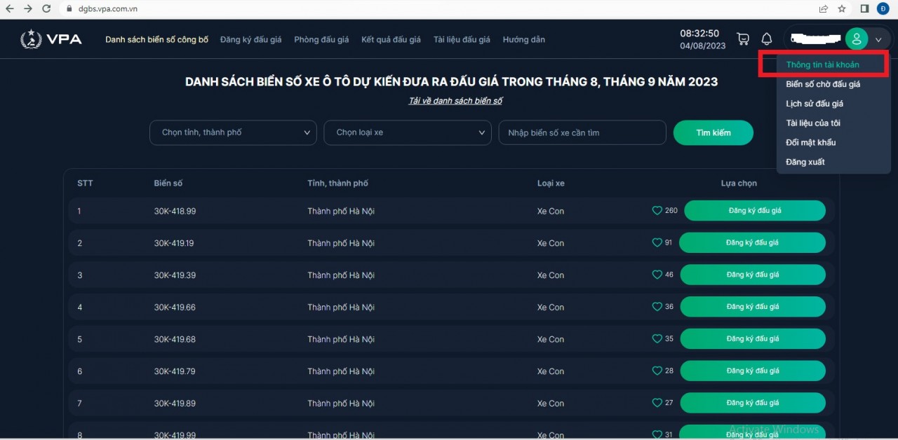 Hướng dẫn đấu giá biển số xe trực tuyến