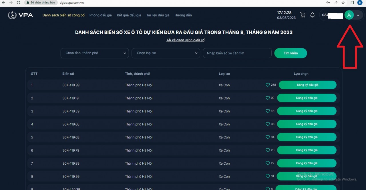 Hướng dẫn đấu giá biển số xe trực tuyến