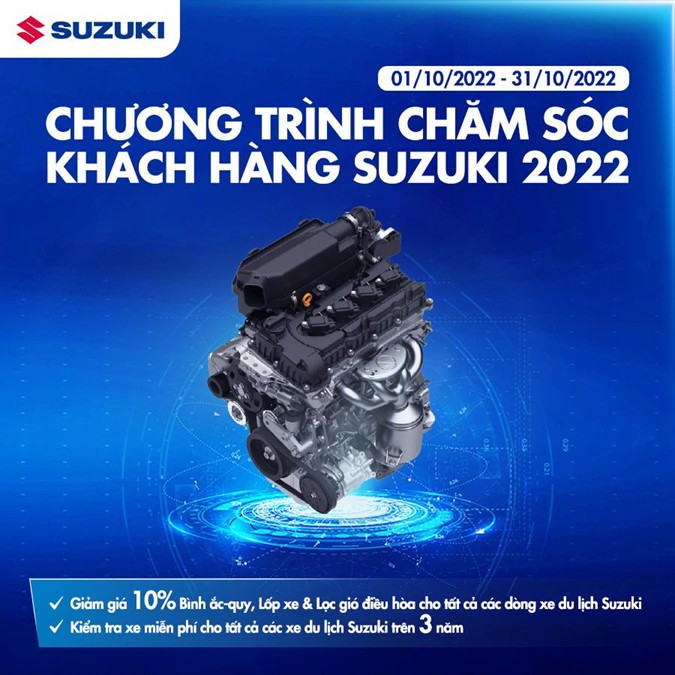 Suzuki kiểm tra xe miễn phí, giảm 10% phụ tùng cho xe du lịch trong tháng 10