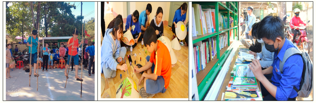 Sân chơi “Thiếu nhi với Tết Việt”, hoạt động vẽ tranh về môi trường trên nón lá và Thư viện lưu động (lần lượt từ trái sang) trở nên thu hút đối với đoàn viên, thanh thiếu nhi huyện vùng biên