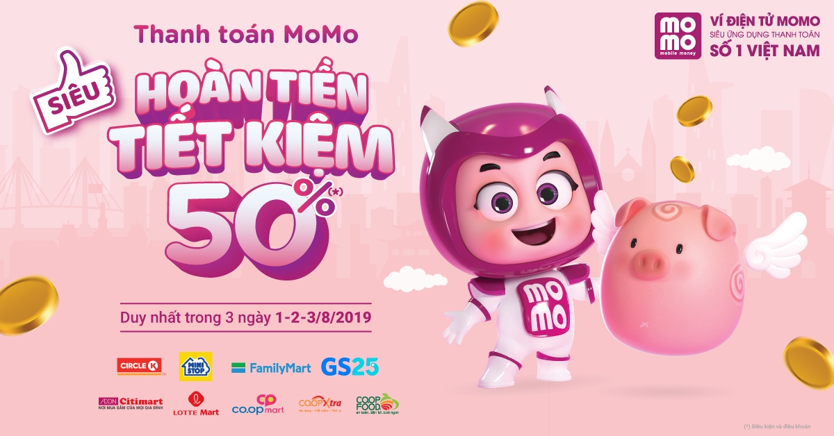 mo momo duoc hoan ngay 50 tien khi di sieu thi va cua hang tien loi