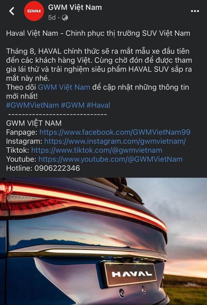Thương hiệu ô tô Trung Quốc Haval thông báo ra mắt tại Việt Nam vào tháng 8