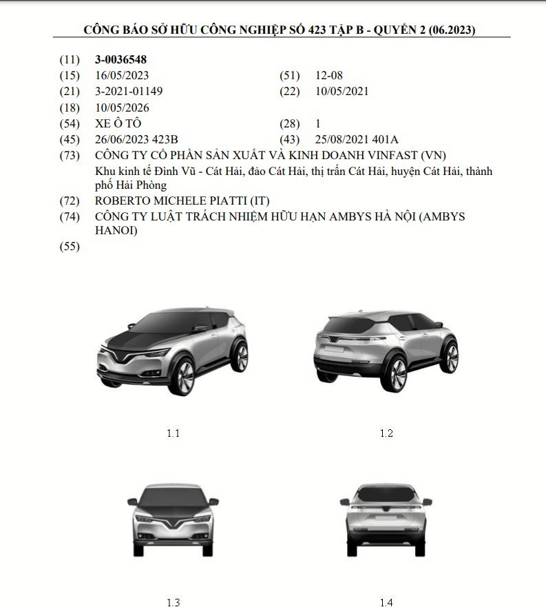 Thêm một mẫu ô tô điện VinFast lạ, gần giống VinFast VF8 và VF5 Plus đăng ký bảo hộ